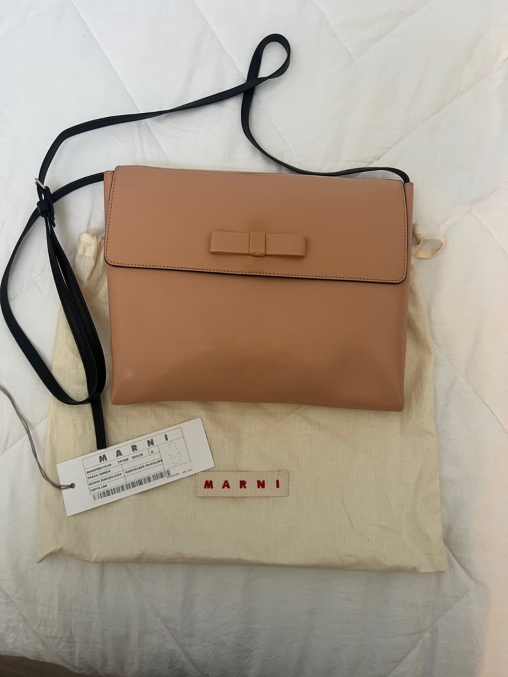 Marni Peach Bow-Accent Patent Leather Clutch / Crossbody Bag with Black Strap